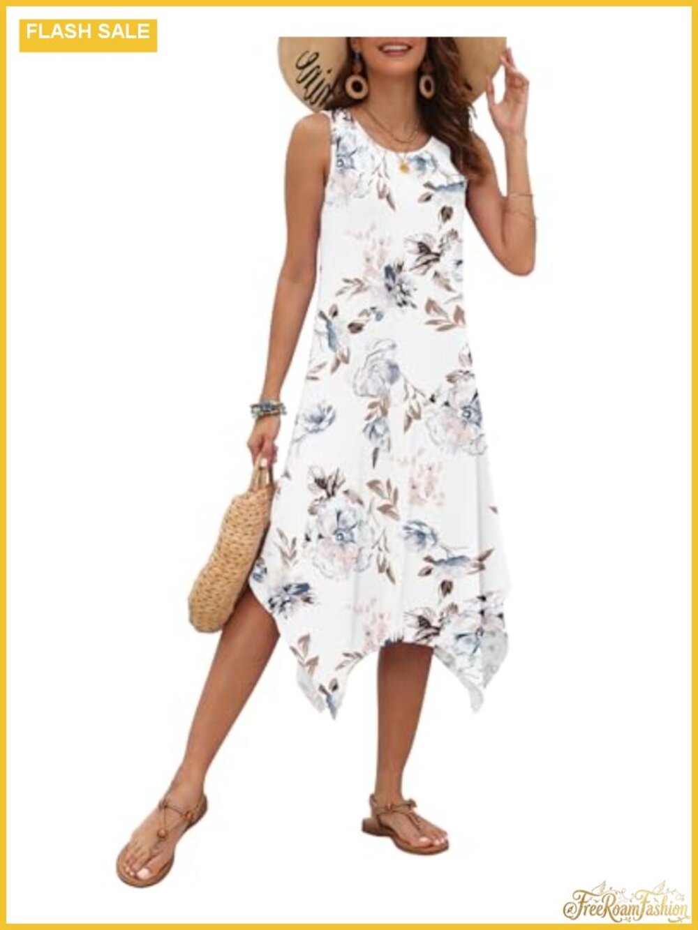 Sleeveless Midi Dress with Pockets Summer Casual Floral Handkerchief Sundress